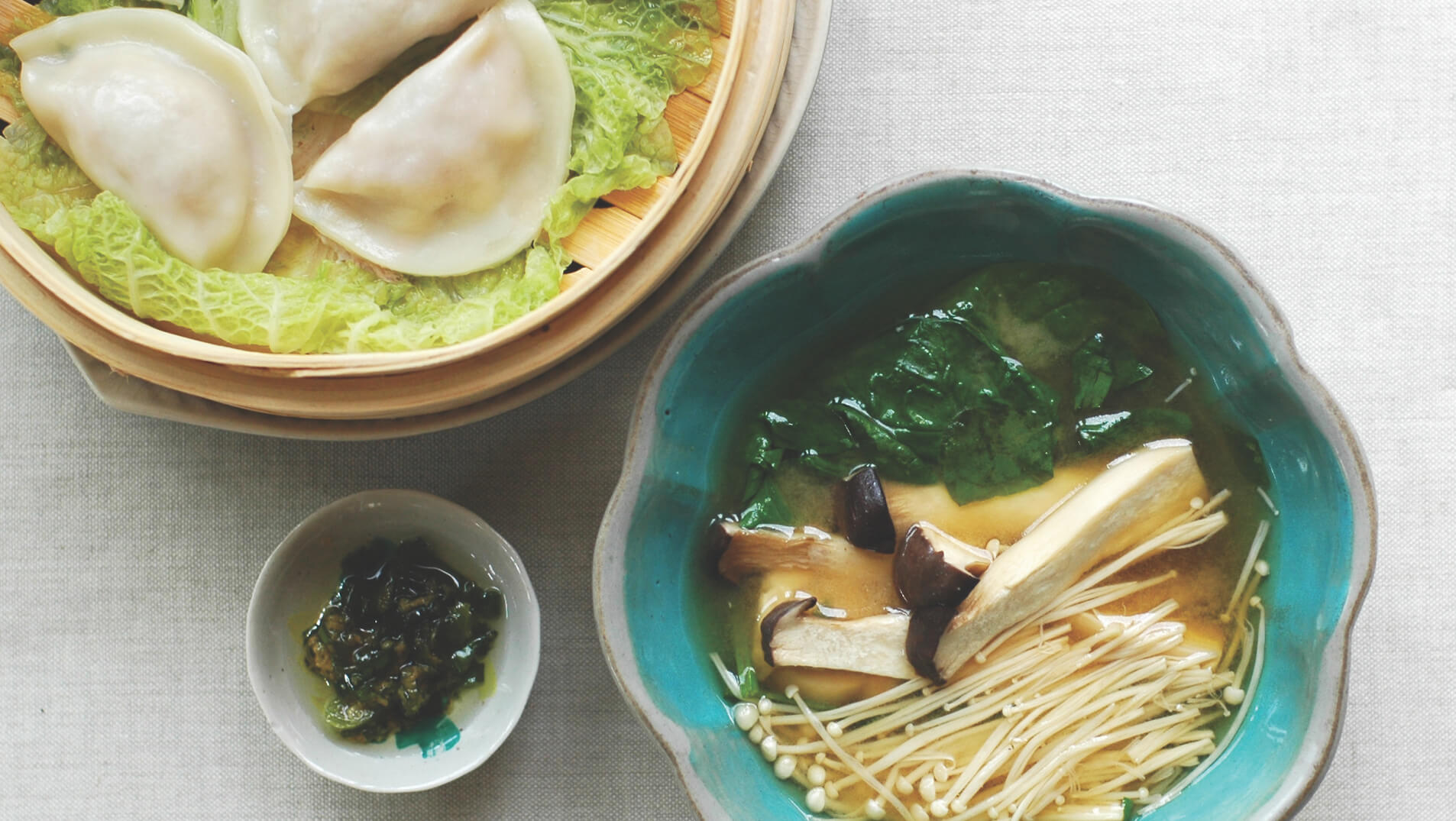 House of Goodness Tofu and shiitake mushroom dumplings with miso ginger broth