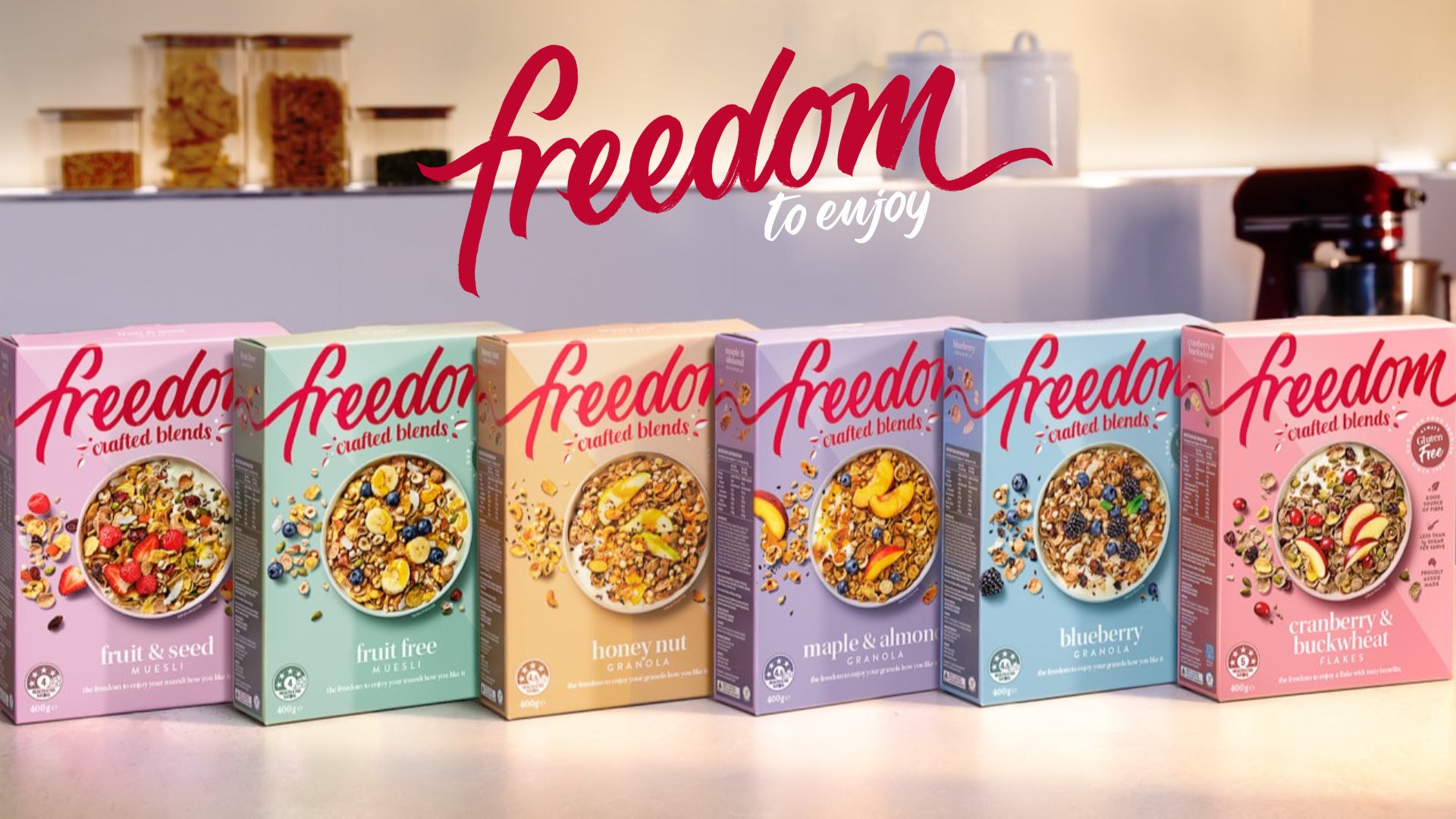 Gluten-free new products alert: Freedom breakfast cereals Crafted Blends. Image of colourful boxes of Freedom breakfast cereals lined up on a kitchen bench.