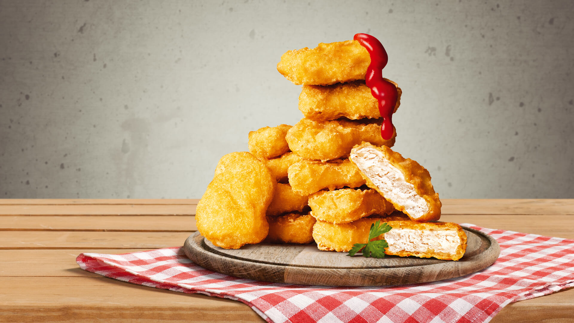 Gluten-free Living: a stack of Tegel crispy tempura battered chicken nuggets with tomato sauce